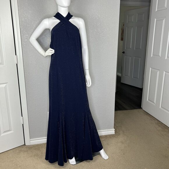 Tahari ASL Size 16 Formal Gown Navy Metallic Sparkle Sleeveless Long Maxi - Picture 2 of 9